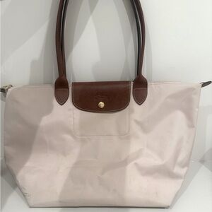 Longchamp Le Pliage Medium Shoulder Tote – Cream/Ivory with Brown Leather Trim
